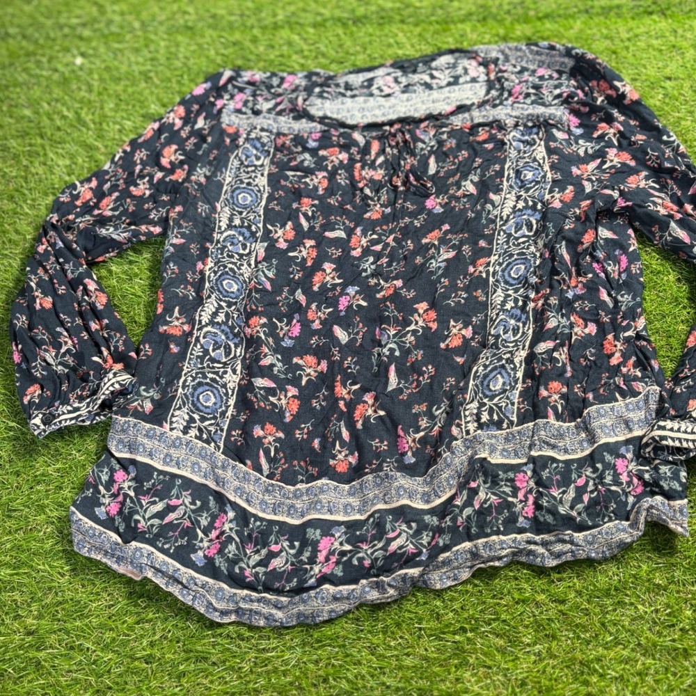Lucky brand Womens Black‎ Floral Print Long Sleeve Boho Tunic Top Size M
